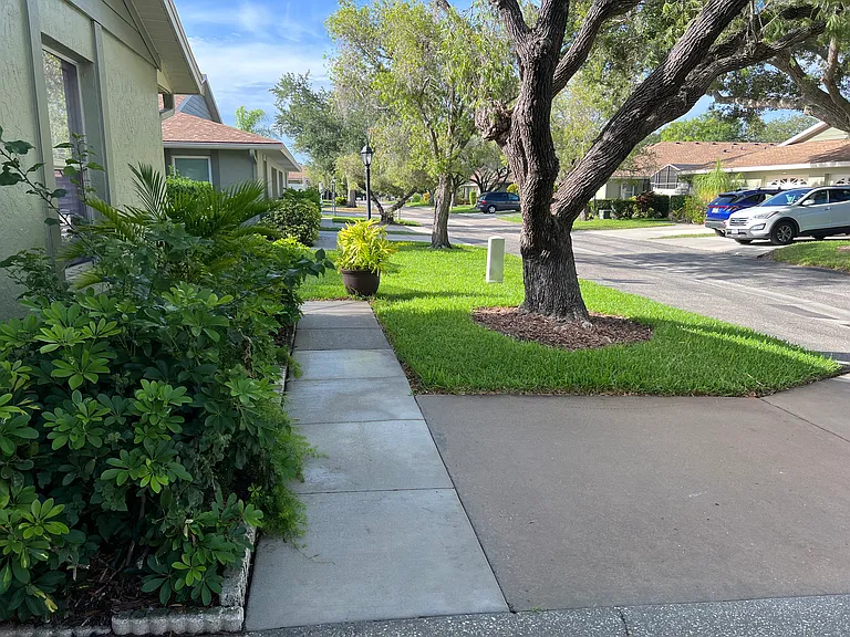 View of private path to the front door and extra side parking. Front bedroom windows are viewable on the left.