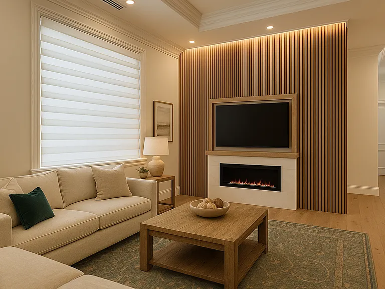 Living Room with paneled media wall, electric fireplace and in-wall Sonos system. Open concept with opening into bar area and kitchen.