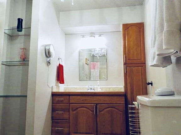 Bathroom accessible from master bedroom and second room. Gla