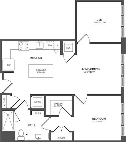 Floor plan 1 Bed/1 Bath Den-B03