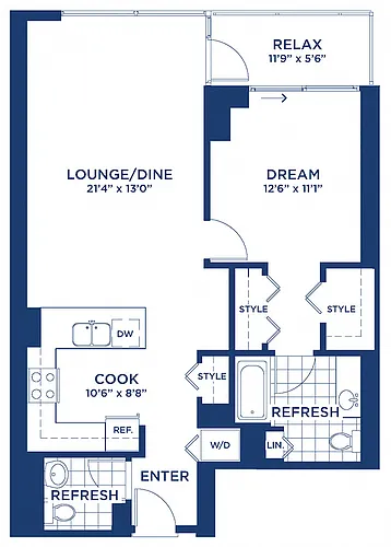 Floor plan Residence 2 & 11 (1BR/1.5BA)