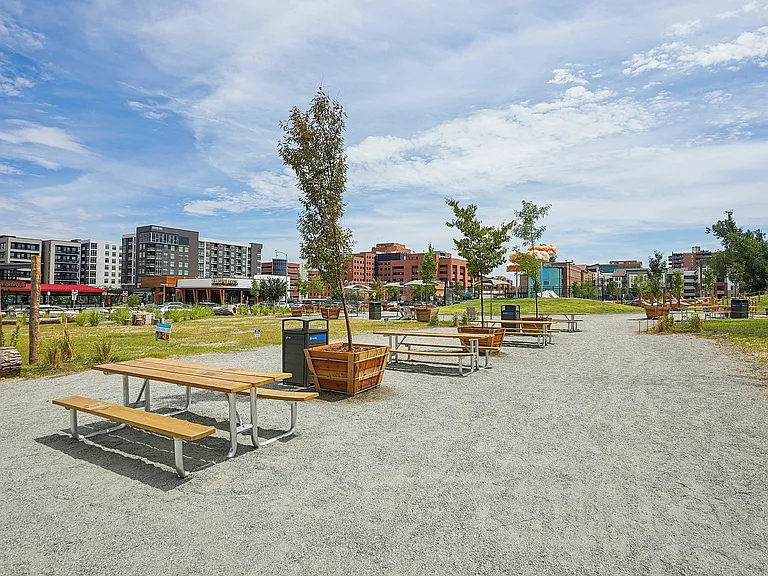 Vibrant urban park setting with modern apartments in the background, featuring well-maintained pathways, picnic tables, and lush greenery under a clear blue sky.