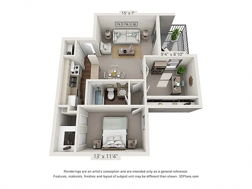 Floor plan 1 Bedroom, 1 Bath (with Den)