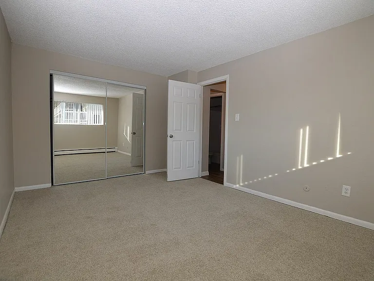 Bright and spacious bedroom with mirrored closet doors, warm carpeting, and soft natural light streaming in.