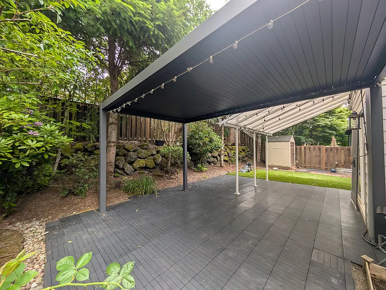 Composite patio with open/close pergola for year round use