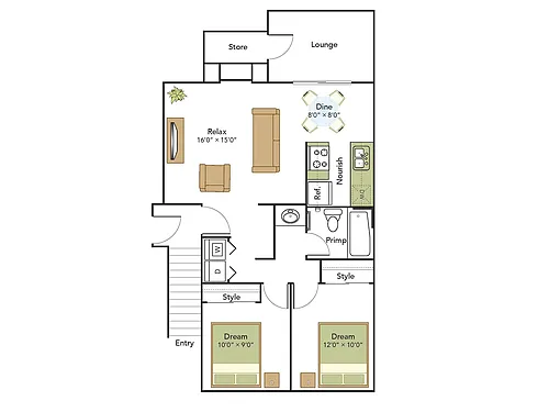 Floor plan 2 Bed, 1 Bath C Upgraded