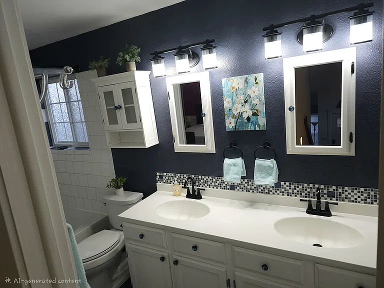 Double sink, towels, hair dryer and vanity mirror included