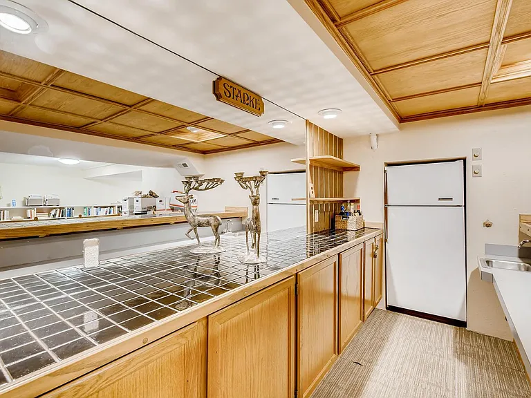 Basement bar with sink and refrigerator