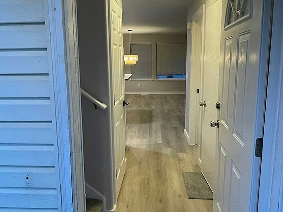 Entryway, new light; under stairs storage area to left, garage to right, kitchen and living room ahead