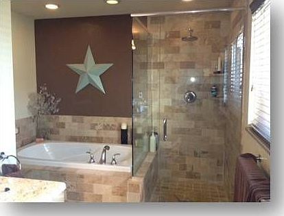 Spa tub, glass shower, double sink master bath