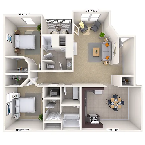 Floor plan 2BR 2BA (1300 SF)