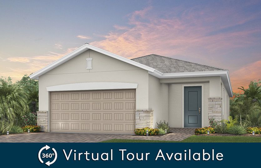 The Tropic, a one-story home with a 2 car garage, shown as Home Exterior FM2A