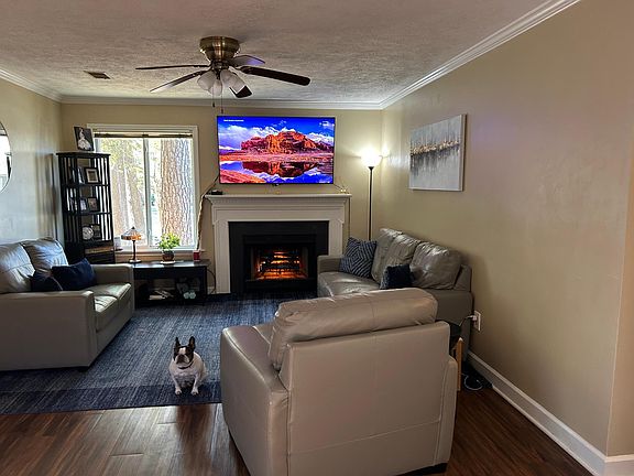 living room with Fireplace, ceiling fan, crown molding