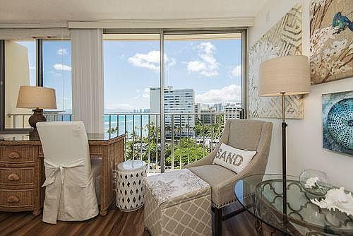 Living room seating with ocean view