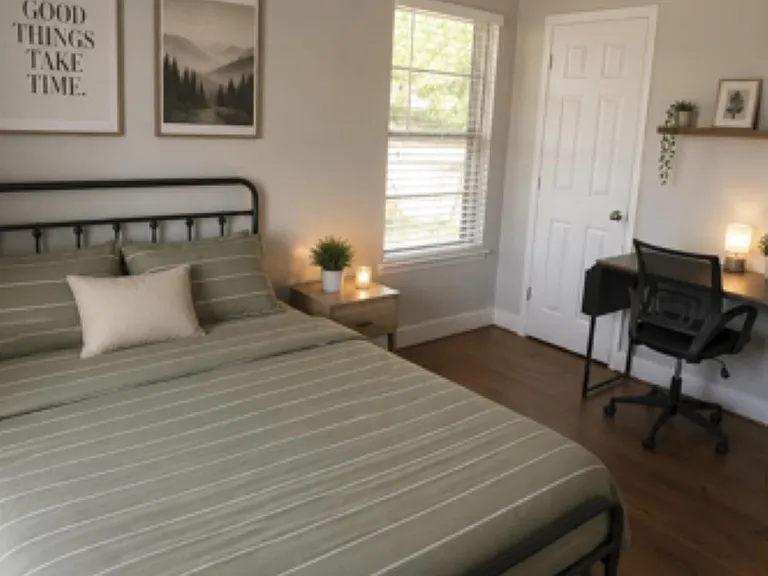 Furnished bedroom with a full bed, nightstand lighting, ceiling fan, and a dedicated desk workspace beside the window.