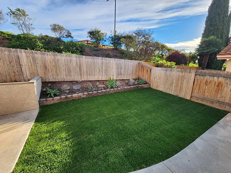 New grass is doing great! There are automatic sprinklers and a low maintenance planter with succulents.