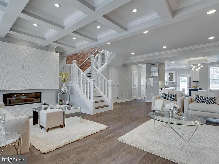 Living area; Coffered Ceilings, Ponderosa Tile fireplace