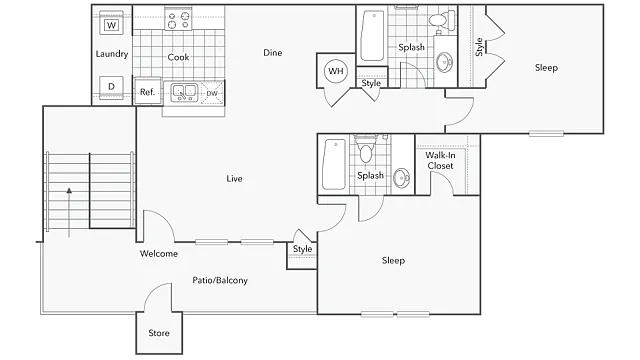 Floor plan 2BR x 2BA with Washer/Dryer