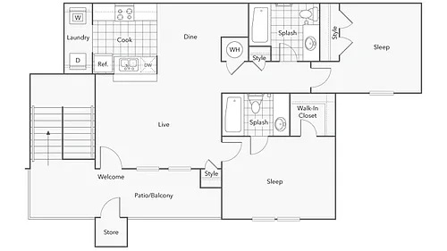 Floor plan 2BR x 2BA with Washer/Dryer