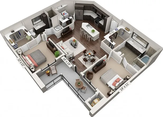 Floor plans are artist's rendering. All dimensions are approximate. Actual product and specifications may vary in dimension or detail. Not all features are available in every apartment. Prices and availability are subject to change. Floor plans are artist