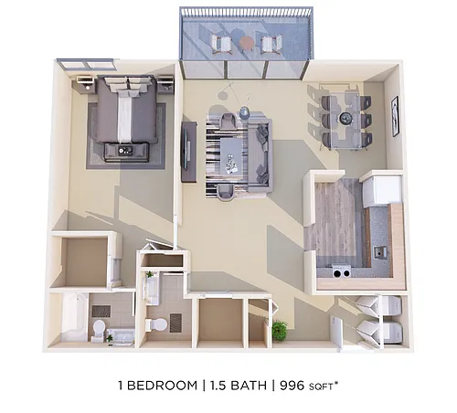 Floor plan One Bedroom 1.5 Bath - 990 sqft