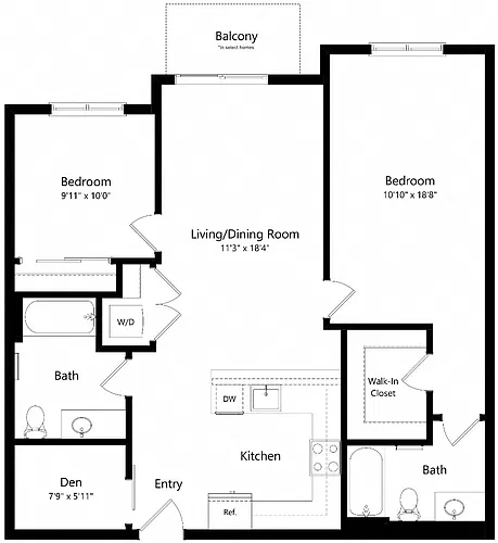 Floor plan BD27 Two Bed + Den