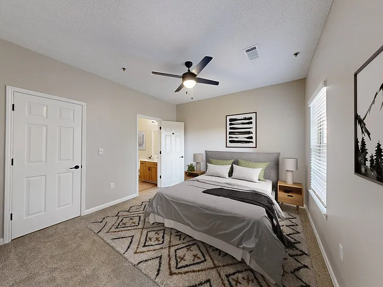 Cozy bedroom with ensuite bathroom.