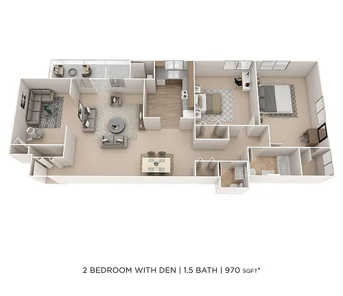 Floor plan Two Bedroom 1.5 Bath w/ Den - 970 sqft
