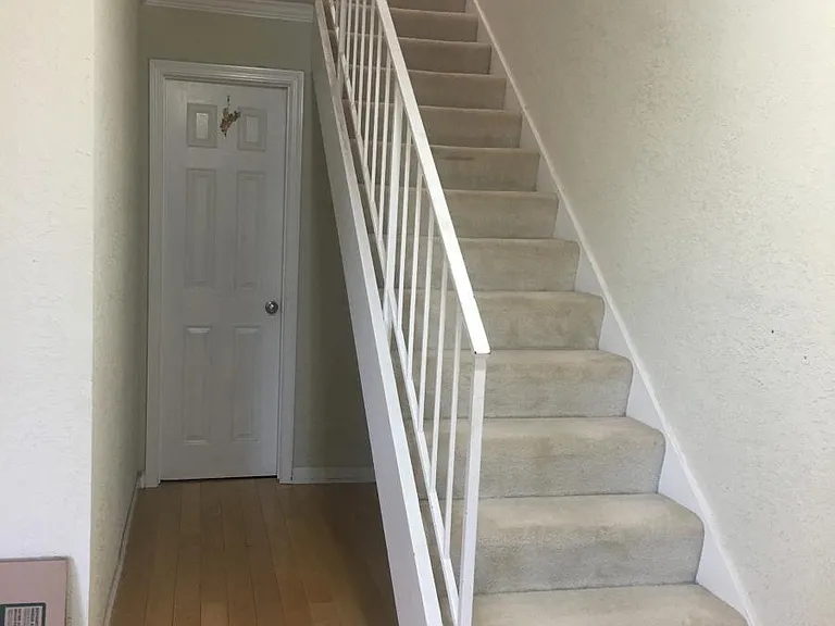staircase with halfbath door in view