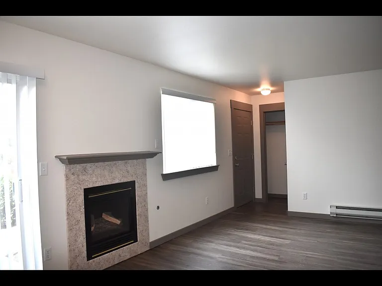 Town home showing front door entrance and coat closet and very nice gas burning fireplace.