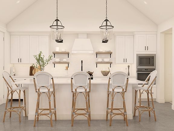 Kitchen with pendant lighting and floating shelves