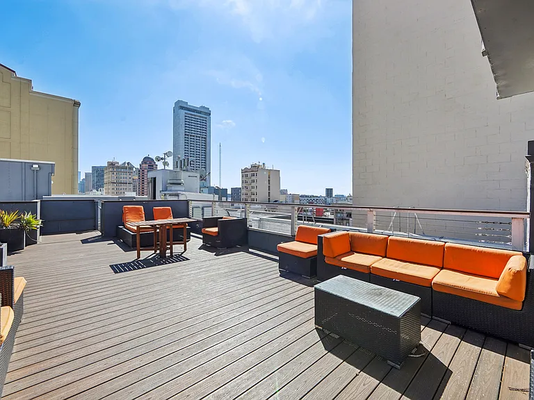 Rooftop patio with lounge chairs, potted plants, and table