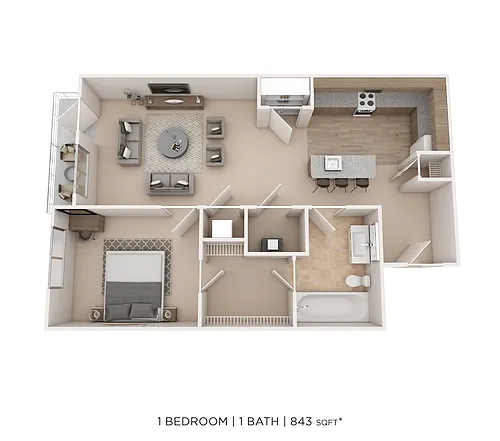 Floor plan One Bed One Bath - 843 SqFt