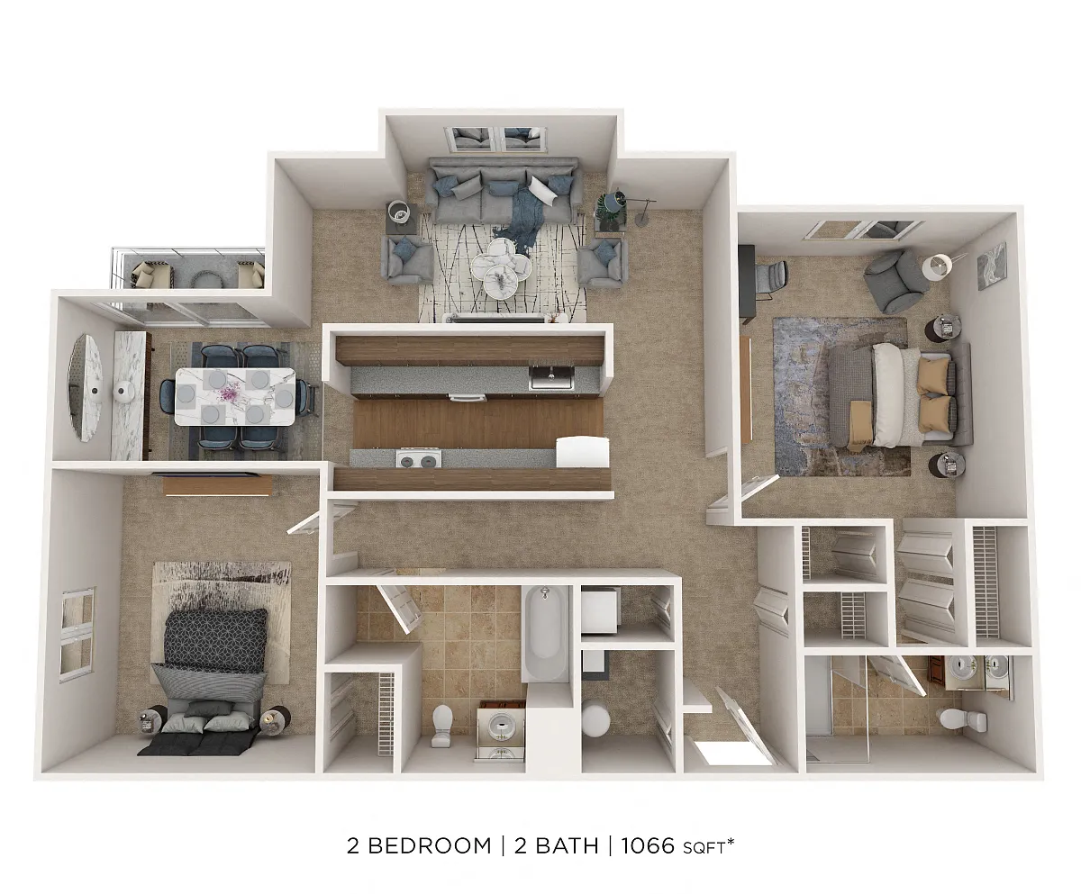 Floor plan Two Bedroom 2 Bath - 1,066 sqft