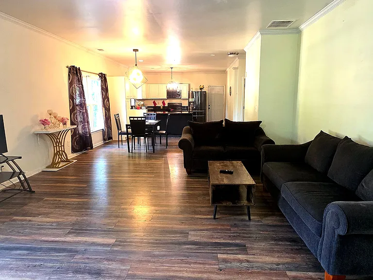 Shared space - spacious living room with couches, TV, coffee table, sofa bed and dining table