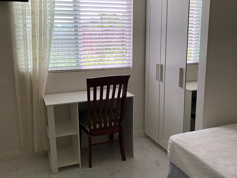 Room 2. Beautiful IKEA 3-door closet with mirror. Desk and chair. Twin bed, nightstand, TV, cabinets.