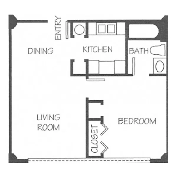 Floor plan 1 Bed 1 Bath Factory Windows