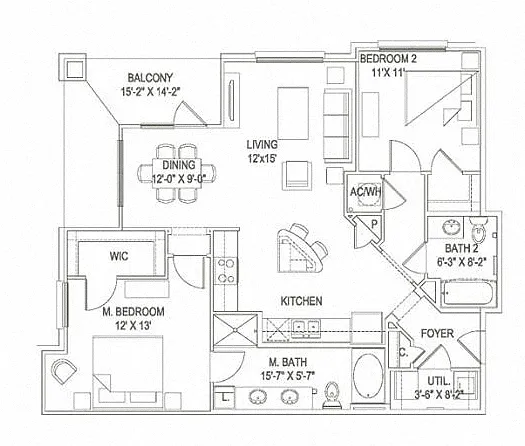 Floor plan 2BR 2BA (1144 SF)