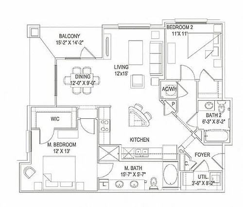 Floor plan 2BR 2BA (1144 SF)