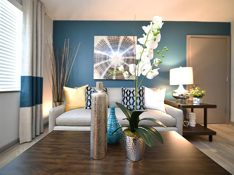 Spacious living room with hardwood-style flooring