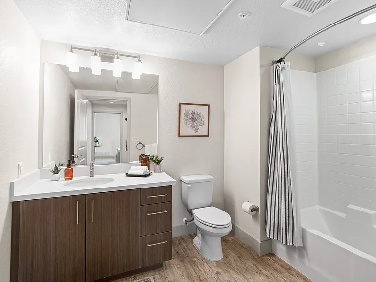 Unit Single Bathroom Vanity and Shower at Aventine Apartments in Hercules, CA 94547