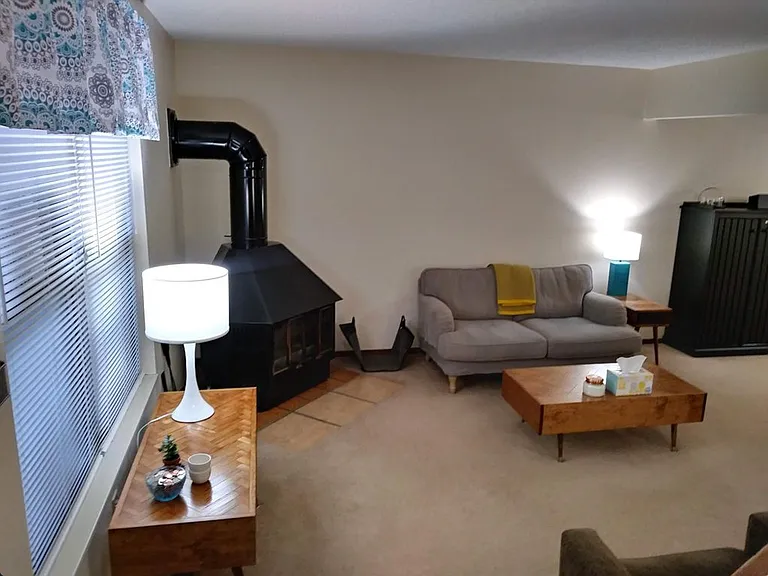 Living room with wood fireplace