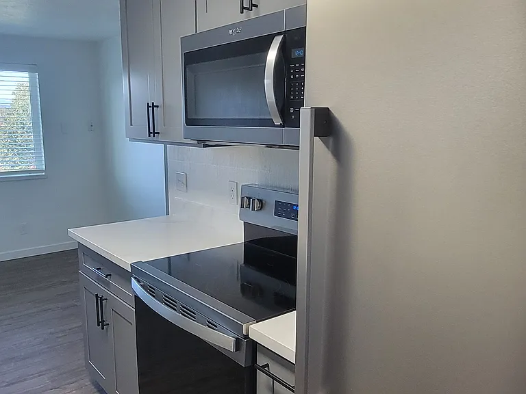 right side of kitchen with microwave, new stove and refridg on top and freezer on bottom