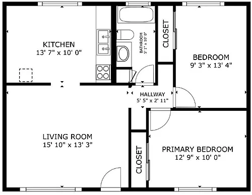 Floor plan 2 Bedroom 1 Bath