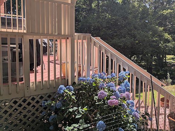 Corner view of the deck with hydrangeas.