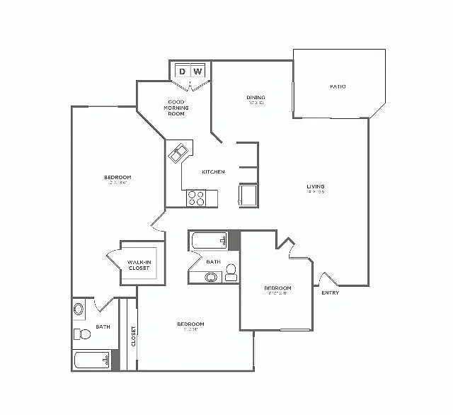 Floor plan Three Bedroom Two Bath (1588 SF)
