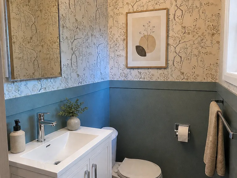 Half Bath attached to primary bedroom offers the basics, new sink and vanity