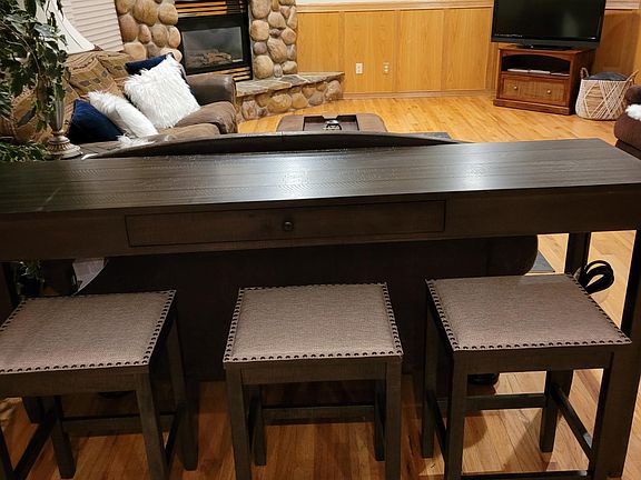 Sofa Table w/Barstools between Family Room and Kitchen