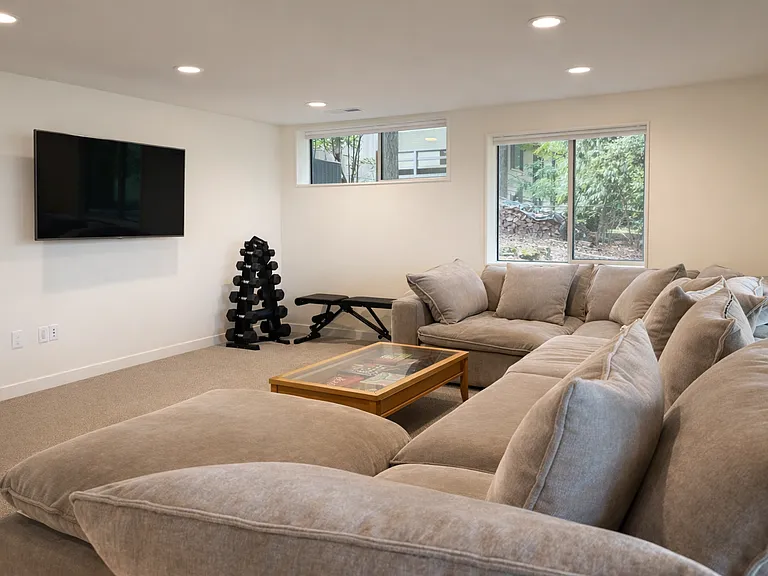 Basement living room with electric fireplace
