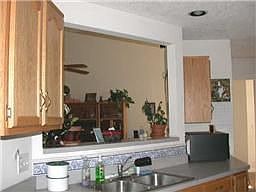 Stainless steel double sinks and pass through window into living room